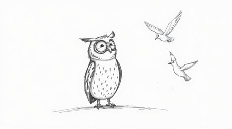 A Pixar-esque, hand-drawn sketch depicts a blind owl patiently guiding birds in flight. Rendered with textured pencil strokes