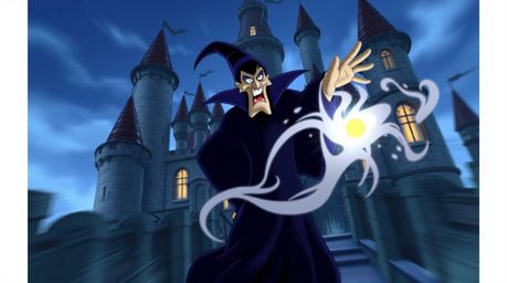A captivating image showcases a classic Disney villain deeply immersed in casting a powerful spell within the ancient walls o