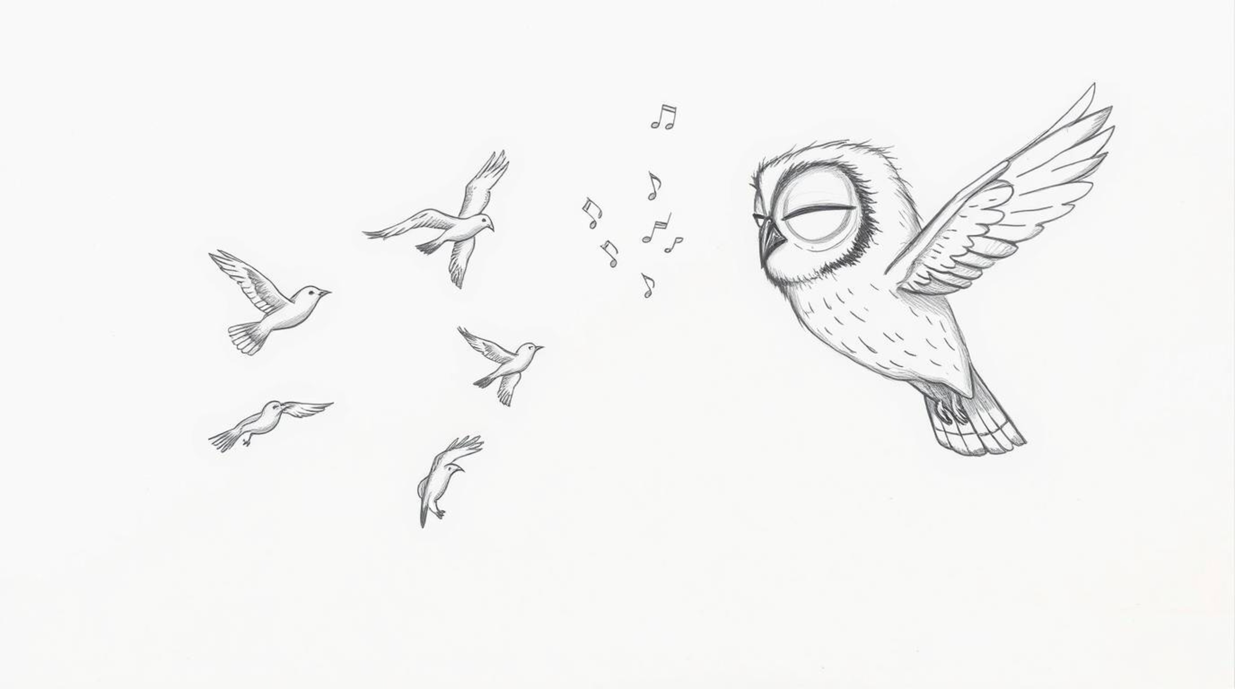 A Pixar-style hand-drawn sketch depicts a blind owl, rendered with textured pencil strokes and subtle feather details, guidin