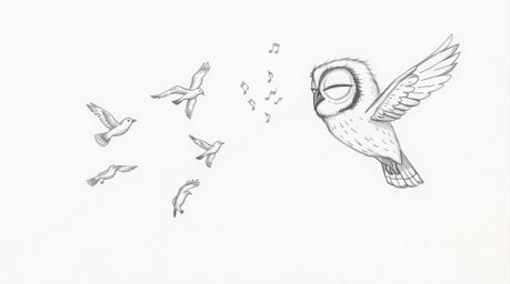 A Pixar-style hand-drawn sketch depicts a blind owl, rendered with textured pencil strokes and subtle feather details, guidin
