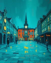 This artwork portrays a rich, deep teal abstract painting featuring an empty town square, characterized by the presence of ti