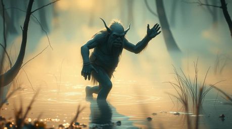 A soft, dreamy image of an ogre dancing gracefully in a swamp bathed in hazy, gentle light, evokes a mystic and ethereal qual