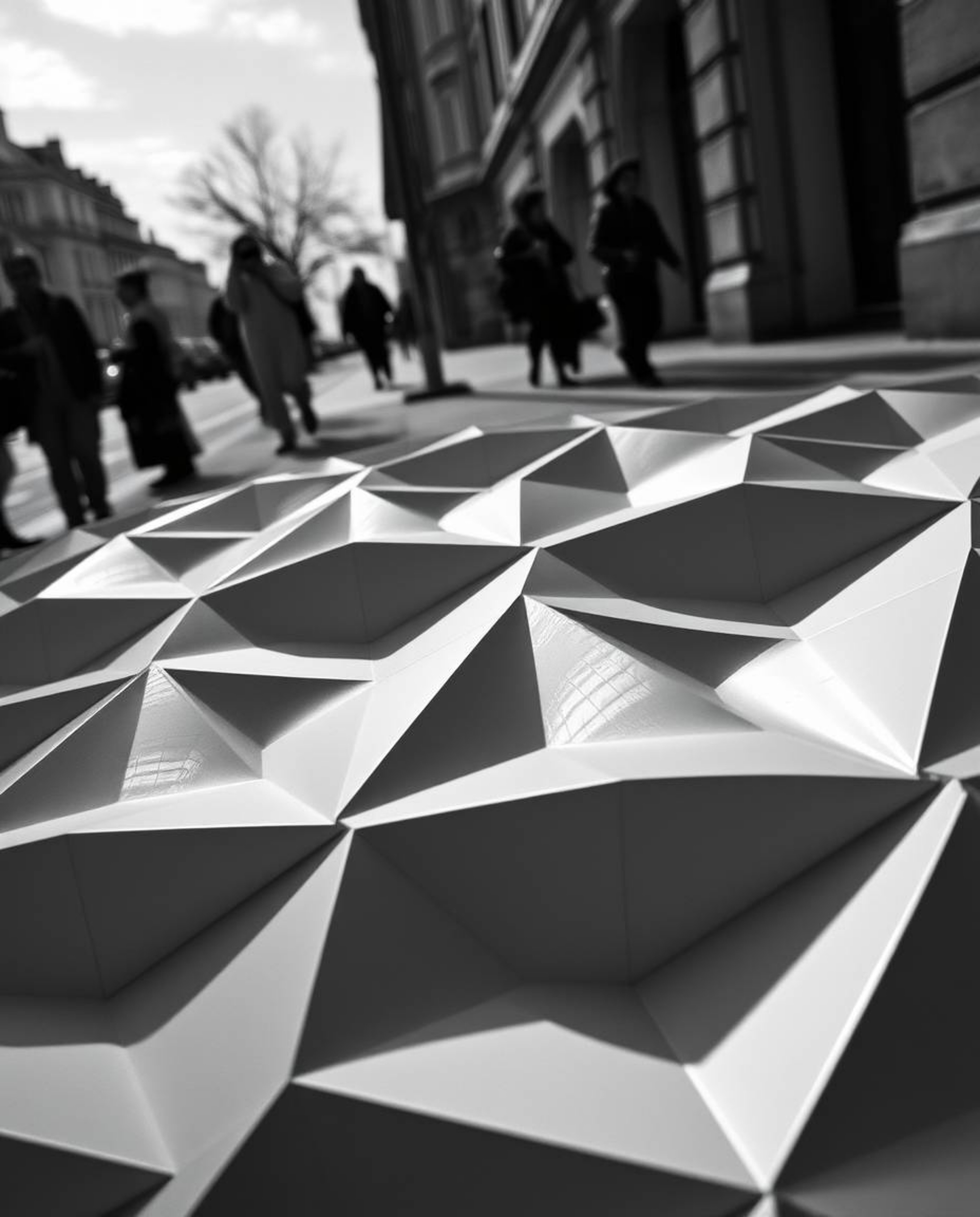 Discover captivating candid street photography featuring iridescent reflections on a striking 3D geometric pattern, reminisce