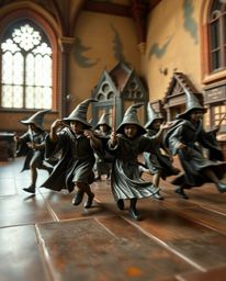 Explore a captivating scene of dynamic motion and gentle, soft light within a magical school filled with young wizards. The s