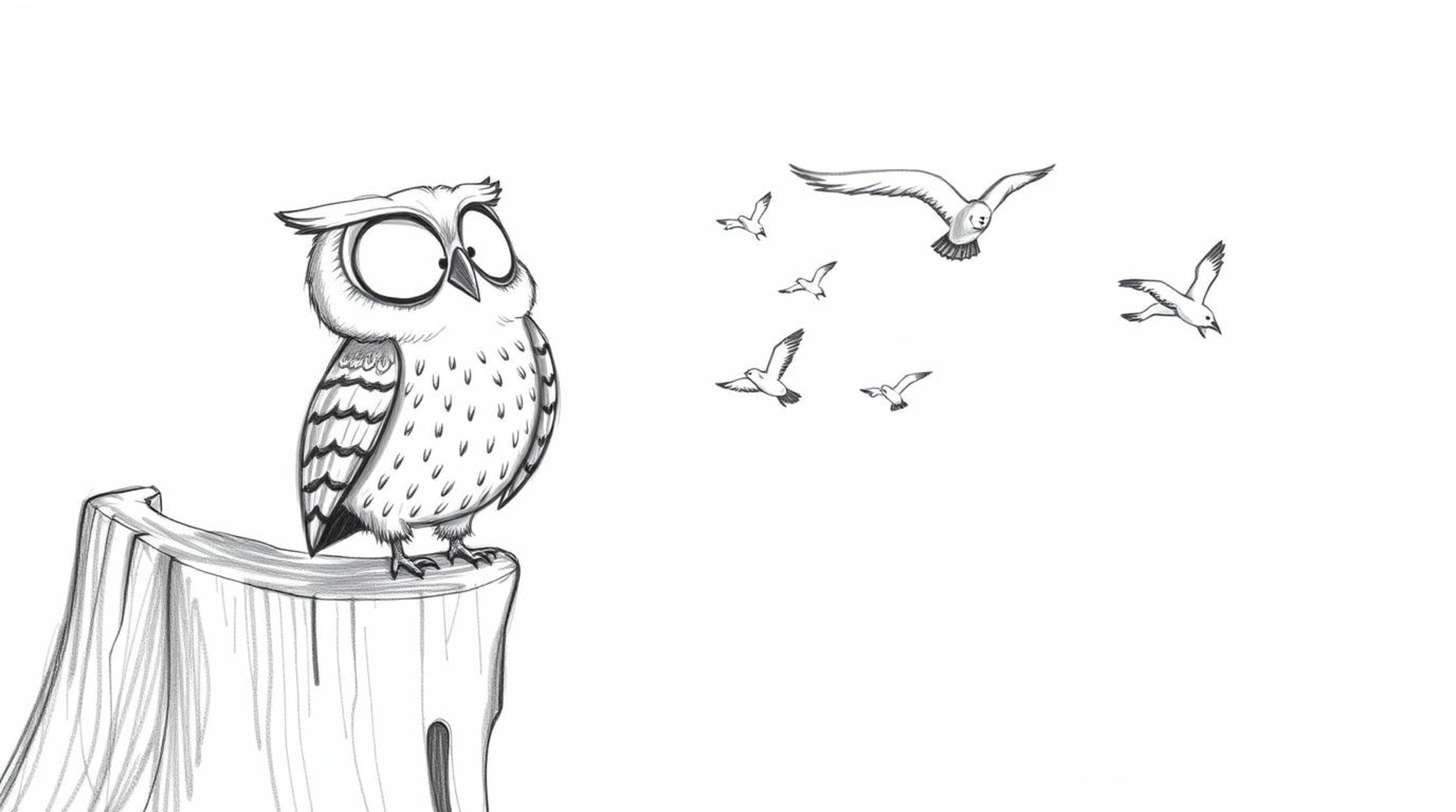 A heart-warming pencil sketch depicting a blind owl, rendered in a Pixar-esque style, perched joyfully on a tree stump.  He w