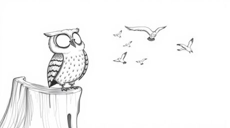 A heart-warming pencil sketch depicting a blind owl, rendered in a Pixar-esque style, perched joyfully on a tree stump.  He w