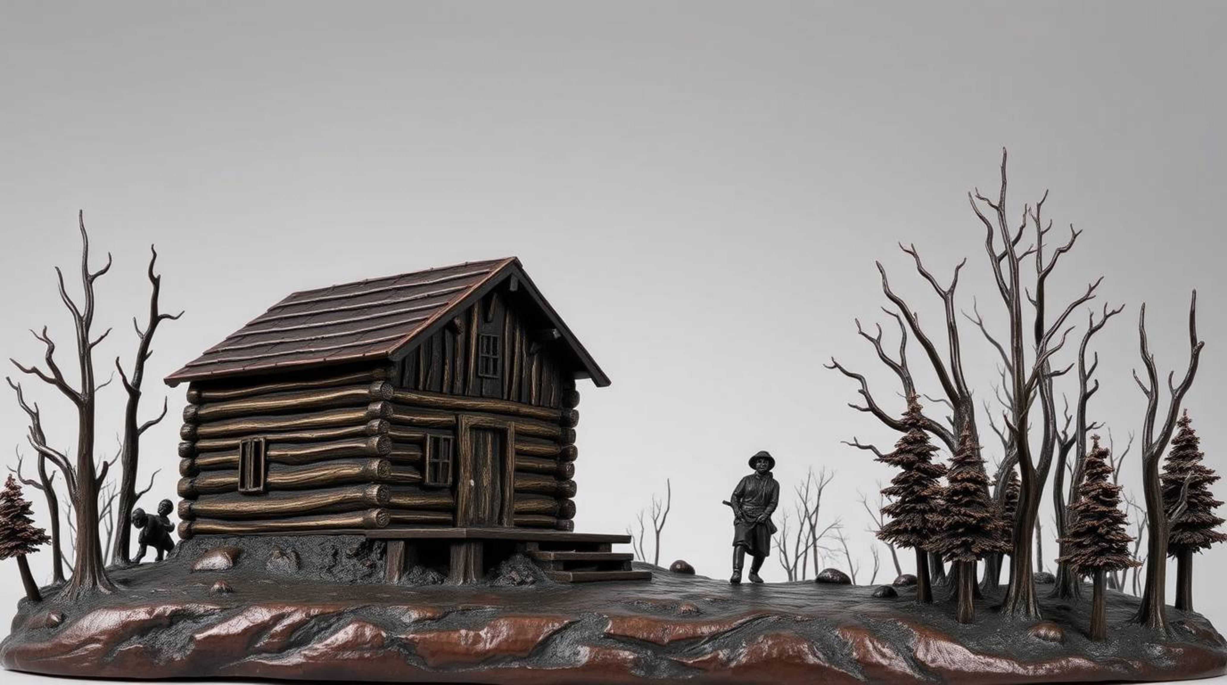 This antique cast bronze sculpture beautifully captures a serene scene of an old wooden cabin nestled in a sunset-lit woods.