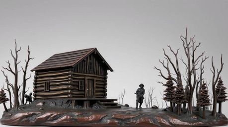 This antique cast bronze sculpture beautifully captures a serene scene of an old wooden cabin nestled in a sunset-lit woods. 