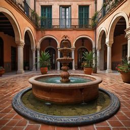 Experience the charm of a classic Spanish courtyard, featuring warm terracotta tiles, a profusion of vibrant flowers, and ele