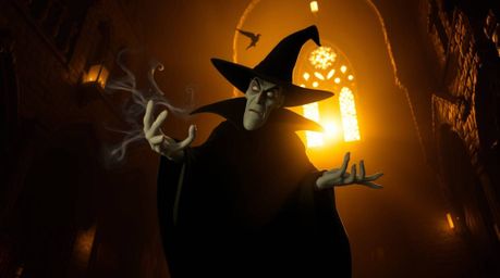 A classic Disney villain is depicted casting a spell within the aged walls of an old castle, bathed in the soft, warm light o