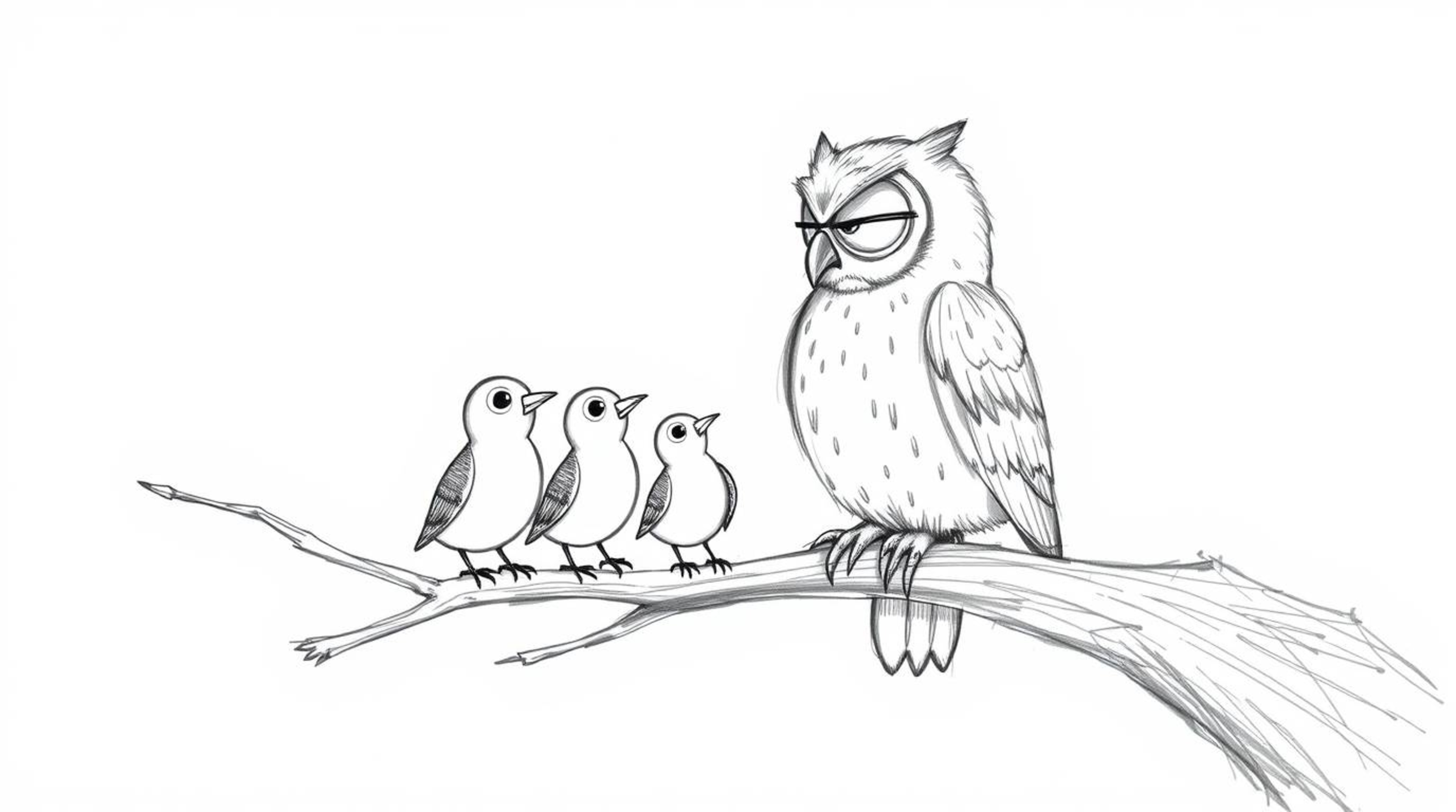 A heartwarming hand-drawn sketch in the style of Pixar portrays a blind owl, its soft feathers ruffled, perched on a hollow b