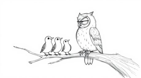 A heartwarming hand-drawn sketch in the style of Pixar portrays a blind owl, its soft feathers ruffled, perched on a hollow b