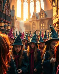 A tight close-up shot of a magical school teeming with young wizards, bathed in electric, vivid colors and illuminated by the