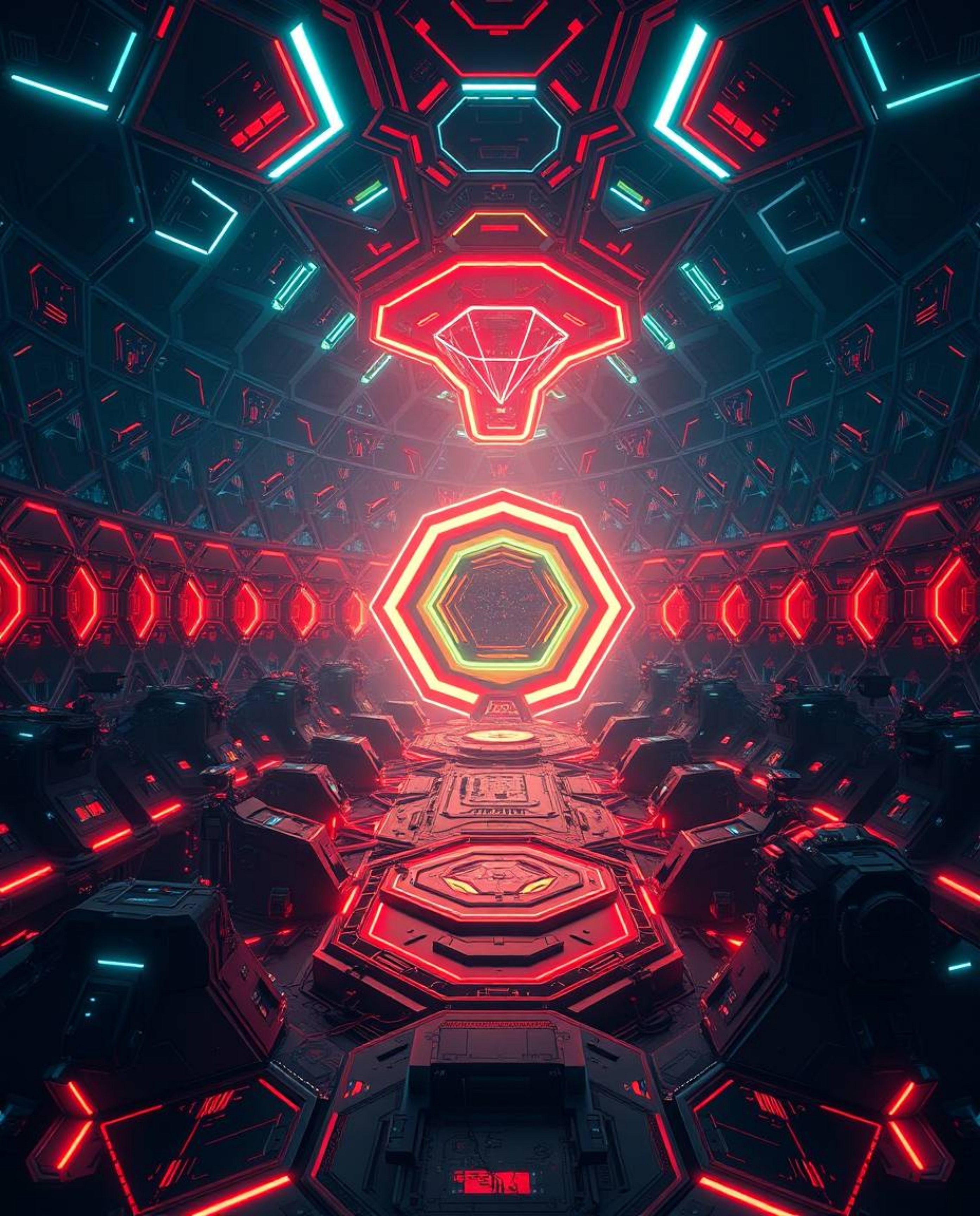 Immerse yourself in an epic, futuristic sci-fi world depicted with a seamless geometric pattern of hexagons and triangles bat