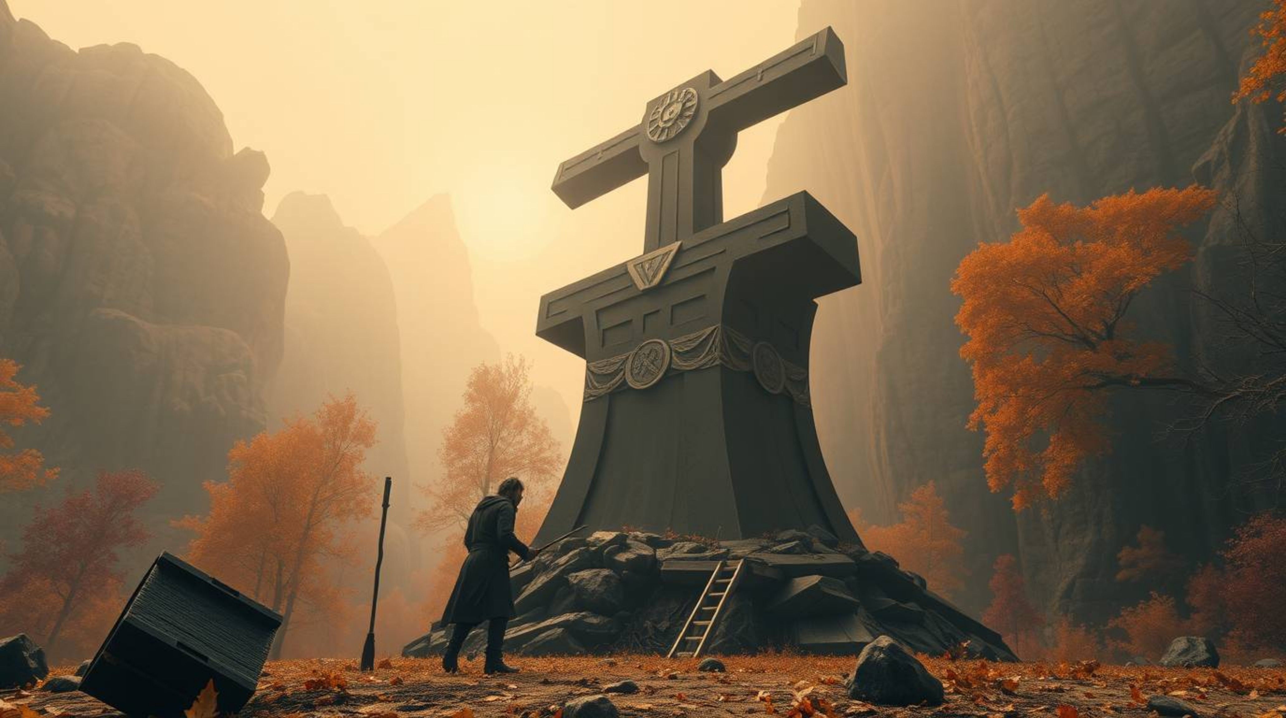 A grand and epic scene unfolds in warm autumn colors, featuring a colossal papier-mâché anvil ominously poised above a tricks