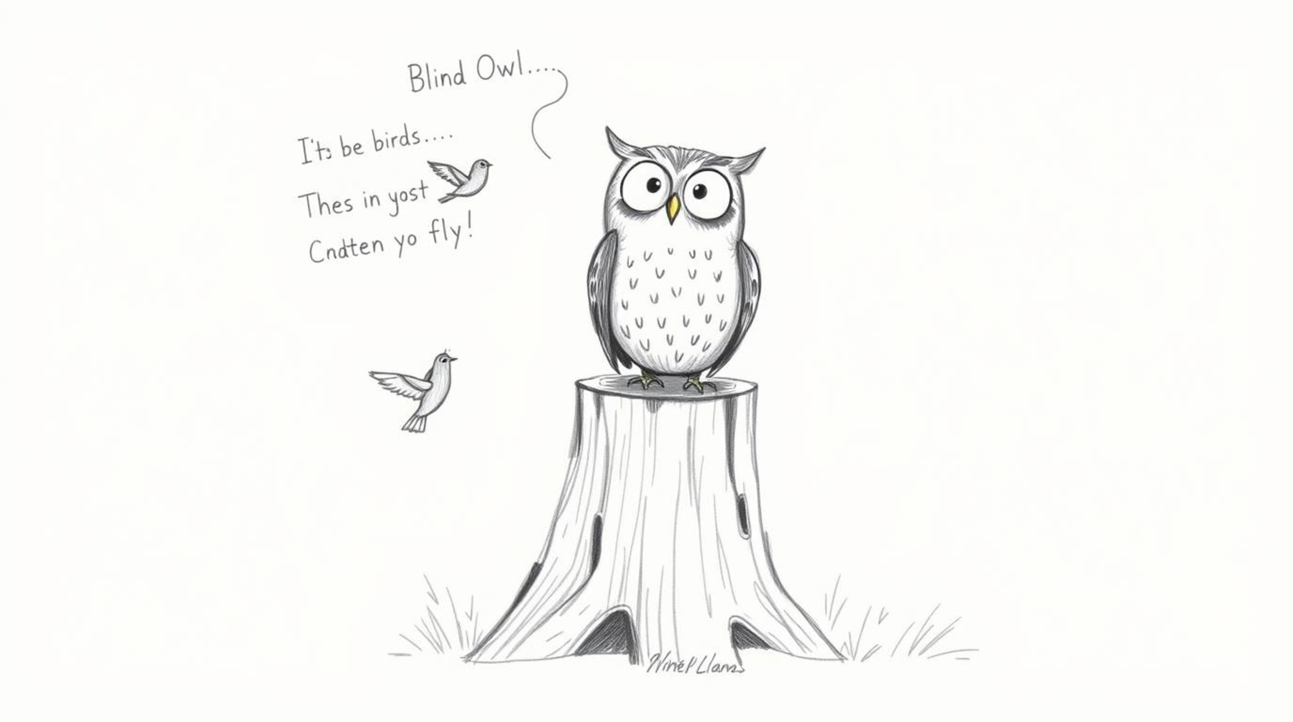 This heartwarming image depicts a blind owl, rendered in a charming Pixar-like aesthetic through hand-drawn sketches and text