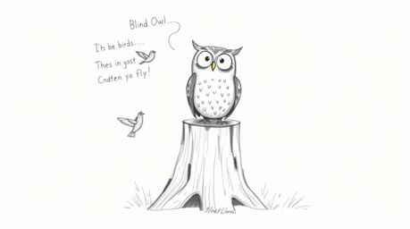 This heartwarming image depicts a blind owl, rendered in a charming Pixar-like aesthetic through hand-drawn sketches and text