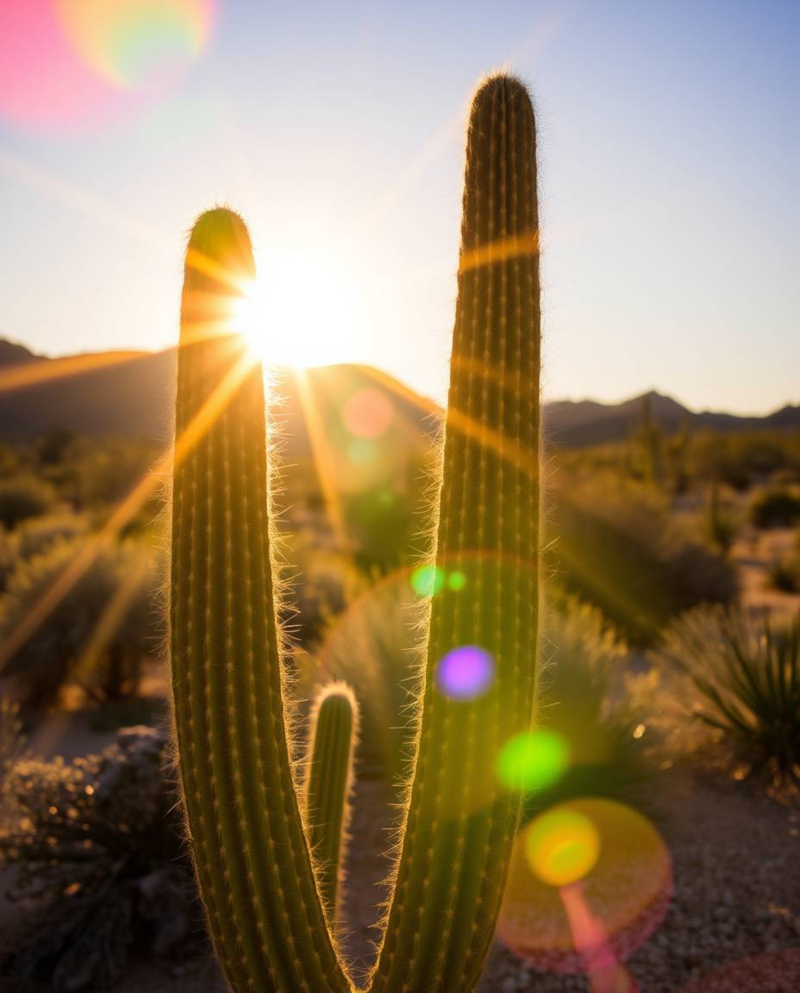 This stunning image features a desert cactus glowing in the last rays of the sun, brought to life with vibrant colors. The co