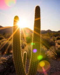 This stunning image features a desert cactus glowing in the last rays of the sun, brought to life with vibrant colors. The co