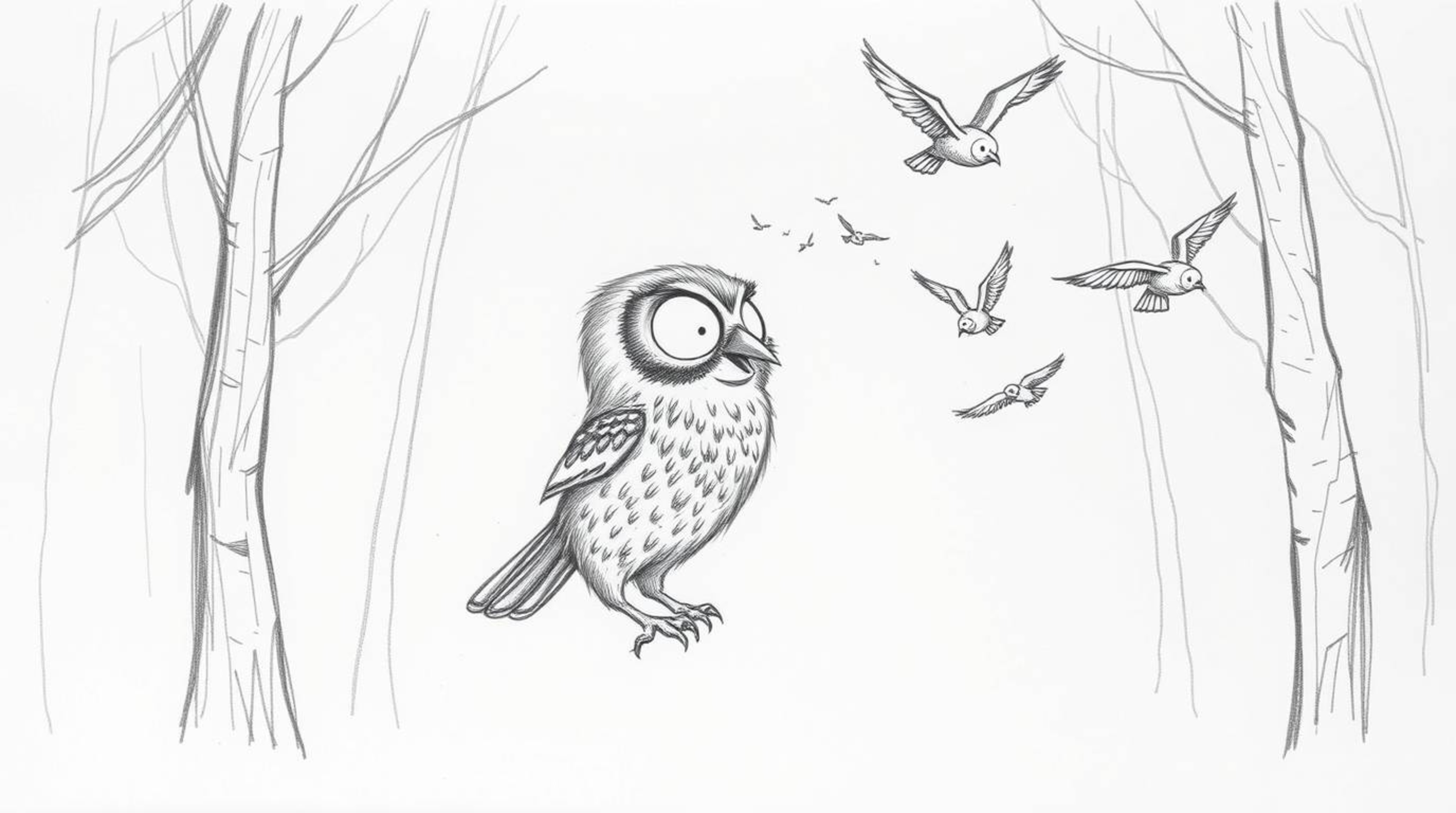 A charming hand-drawn sketch in the style of Pixar animation depicts a blind owl with textured feathers patiently teaching bi