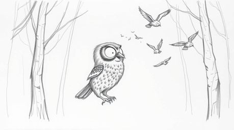 A charming hand-drawn sketch in the style of Pixar animation depicts a blind owl with textured feathers patiently teaching bi