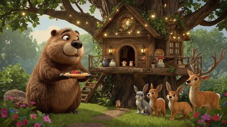 A high-resolution, professionally photographed image, reminiscent of Pixar's animated characters, depicts a beaver building a