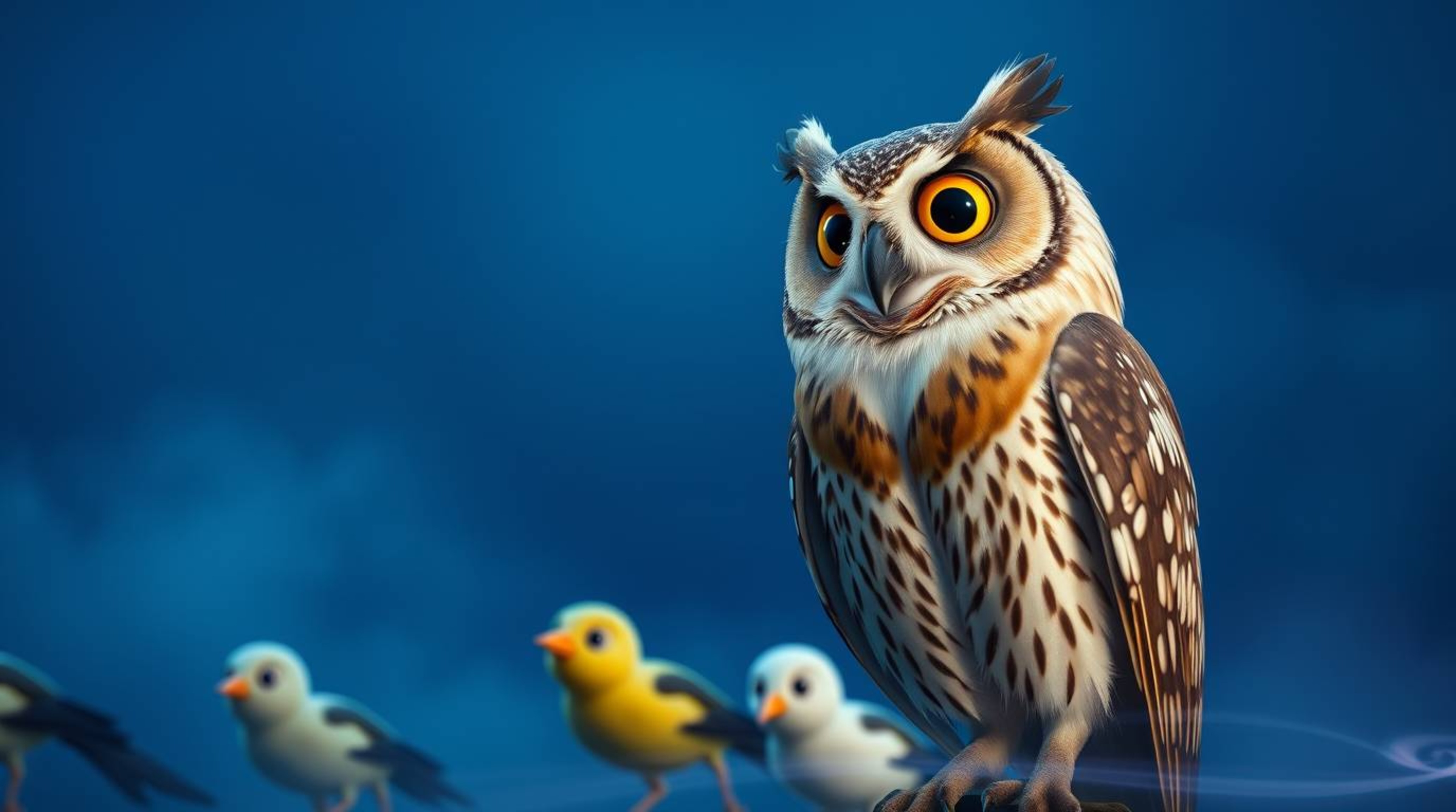 In a piece of long exposure photography presented in a cinematic style, a blind, wise owl is rendered in Pixar's aesthetic. F