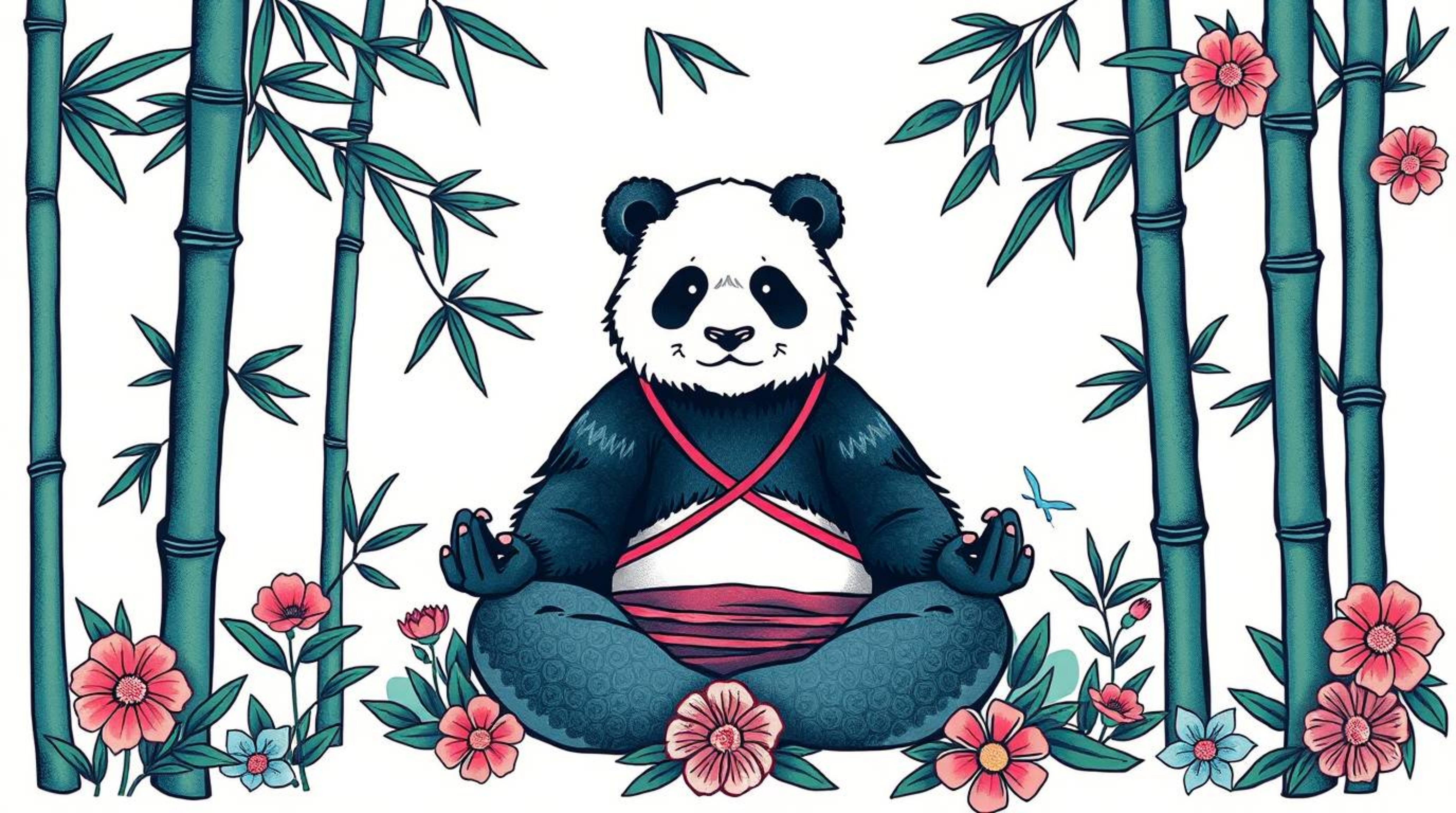 This symbolic traditional tattoo art print features a martial artist panda peacefully meditating in a serene bamboo forest. T