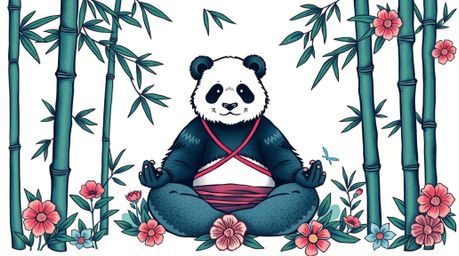 This symbolic traditional tattoo art print features a martial artist panda peacefully meditating in a serene bamboo forest. T