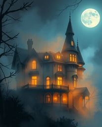 A dynamic digital sketch showcasing volumetric lighting illuminating a fog-covered Victorian mansion under moonlight. The art