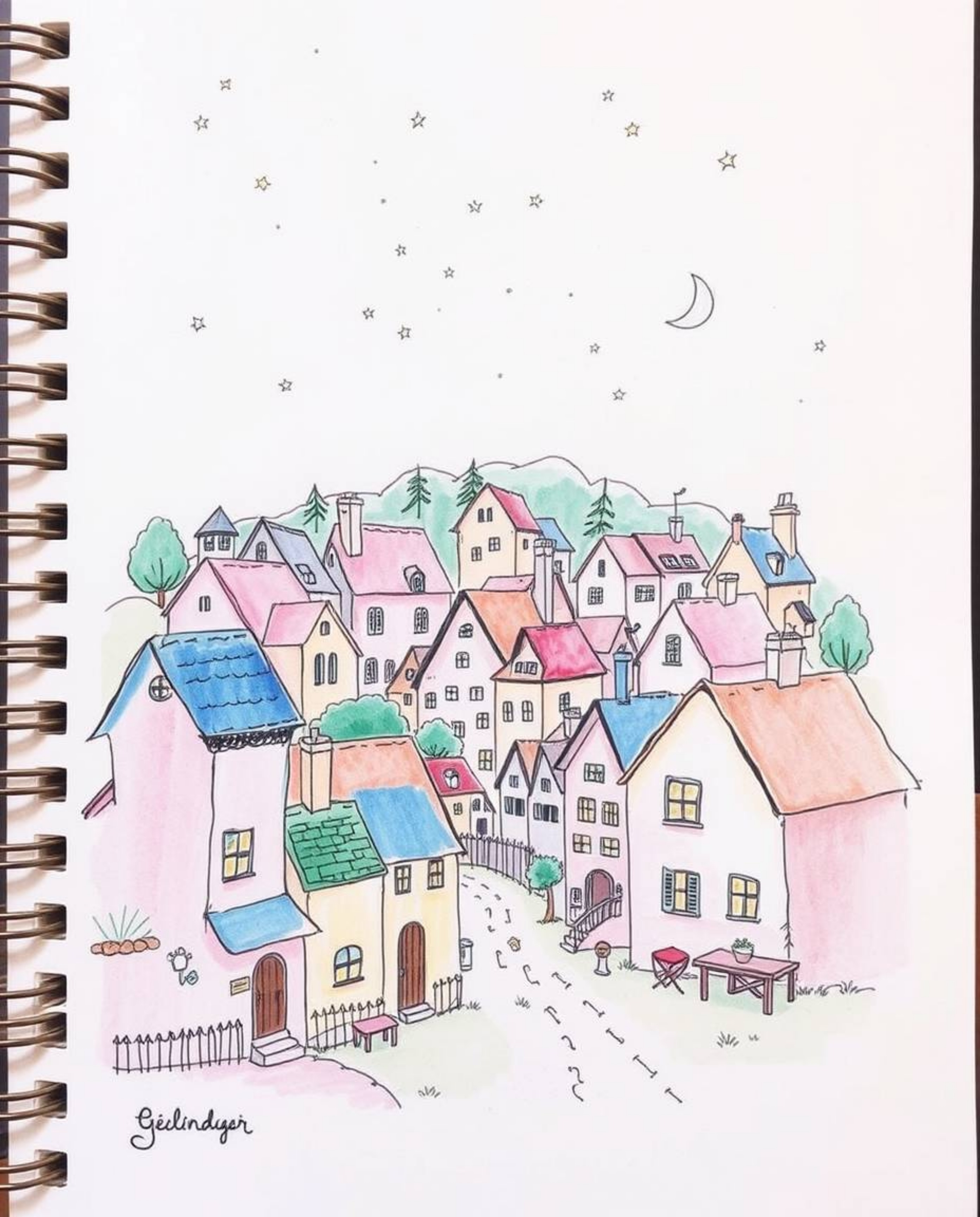 Immerse yourself in a hand-drawn color sketchnote of a sleepy town featuring charming pastel houses. This mystic and enchanti