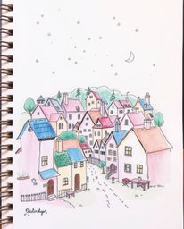 Immerse yourself in a hand-drawn color sketchnote of a sleepy town featuring charming pastel houses. This mystic and enchanti