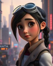 Discover stunning cinematic shots of a young, elegant inventor girl exploring a futuristic city.  Rendered in a captivating P