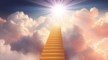 A captivating digital painting depicts a golden staircase ascending through soft pastel clouds towards a radiant heaven.  The