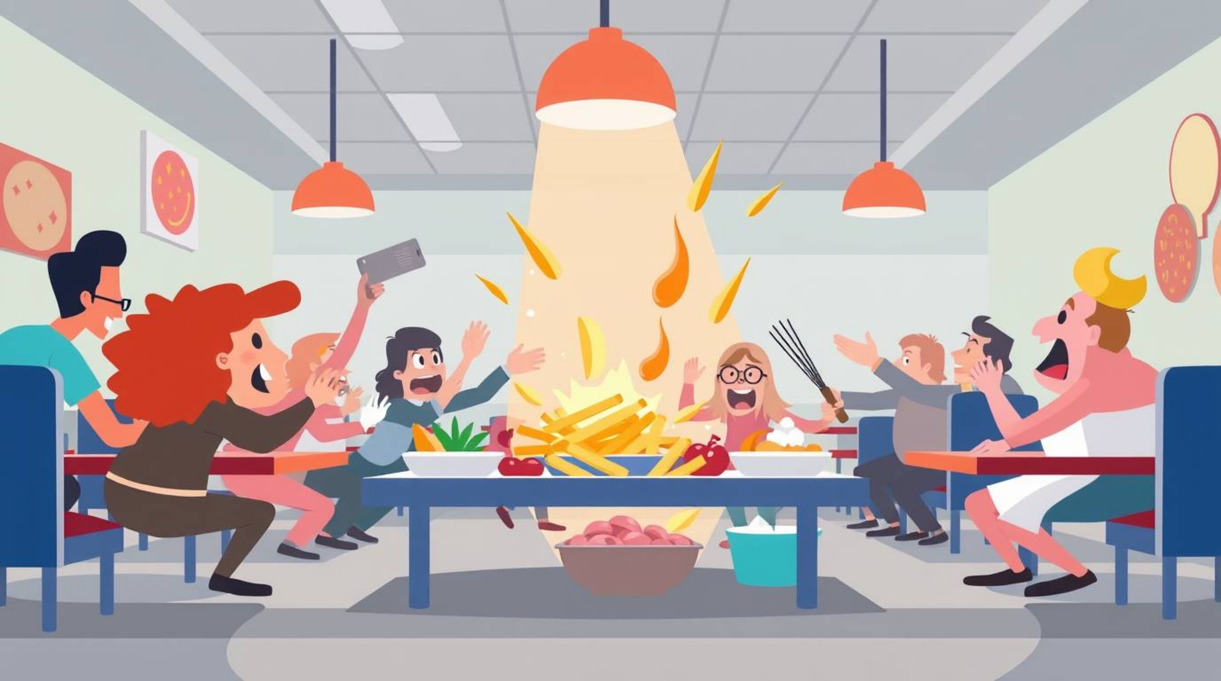 This depicts a chaotic and fun wild food fight unfolding in a cartoon cafeteria, rendered in a modern flat design style. The 