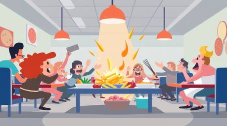 This depicts a chaotic and fun wild food fight unfolding in a cartoon cafeteria, rendered in a modern flat design style. The 
