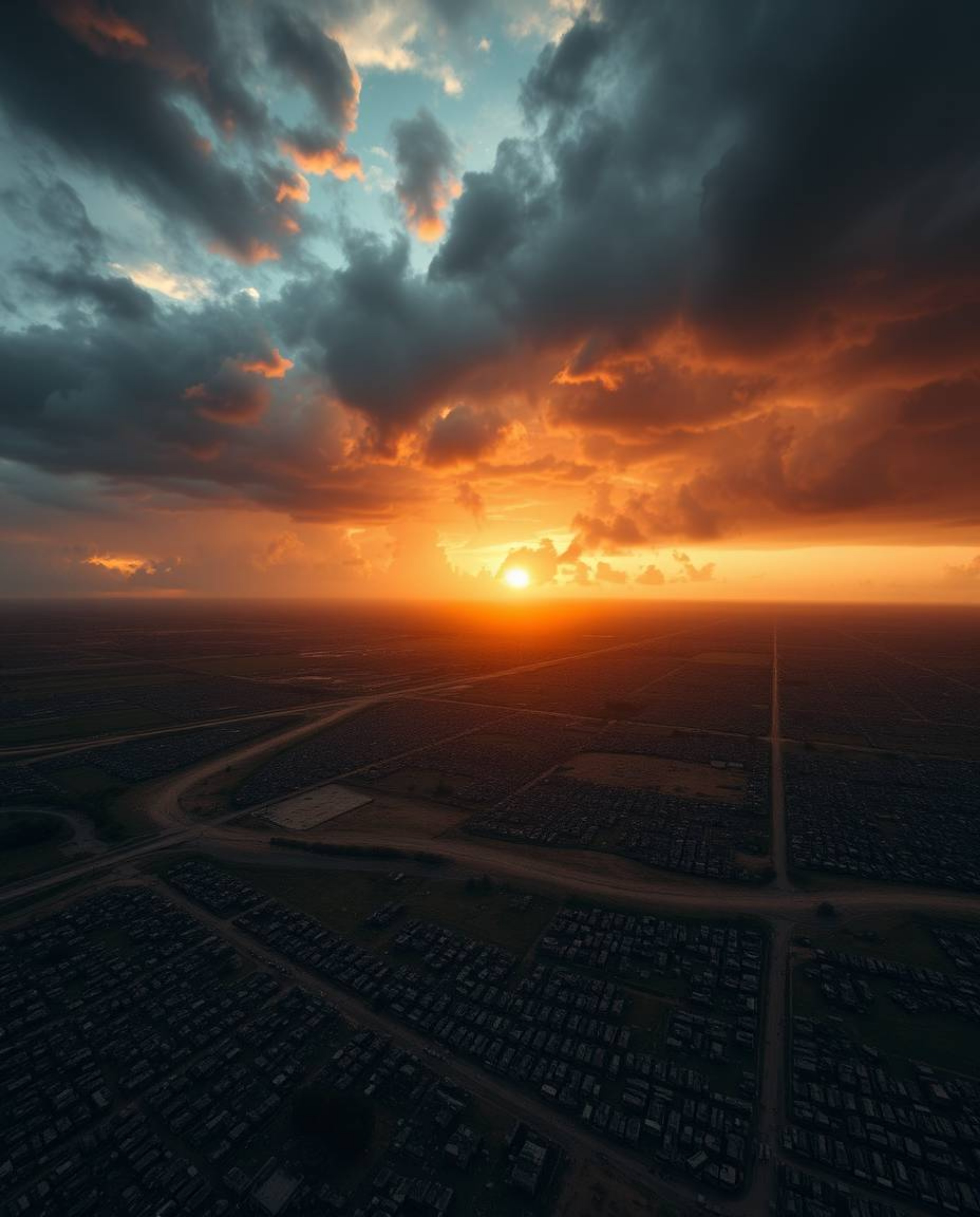 A captivating high-angle shot depicts a sunrise over a war-torn landscape, showcasing intense, dramatic weather and stormy sk