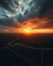 A captivating high-angle shot depicts a sunrise over a war-torn landscape, showcasing intense, dramatic weather and stormy sk