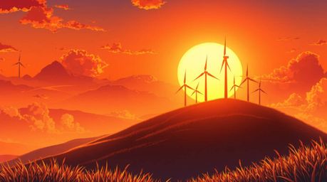 A captivating isekai anime-style illustration depicting a warm, golden sunset as seen behind a row of wind turbines silhouett