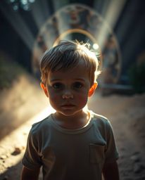 A captivating scene unfolds as volumetric lighting dramatically divides the frame, highlighting a child with freckled skin wh