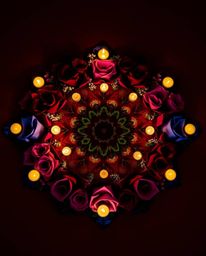 A captivating image showcases a geometric floral mandala bursting with vibrant colors and a perfectly symmetrical design.  Il