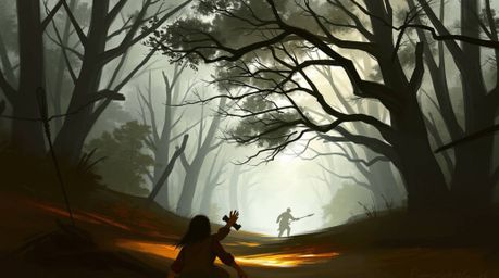 A digital sketch depicting a thrilling chase through a looping forest background, rendered with loose painterly strokes and c