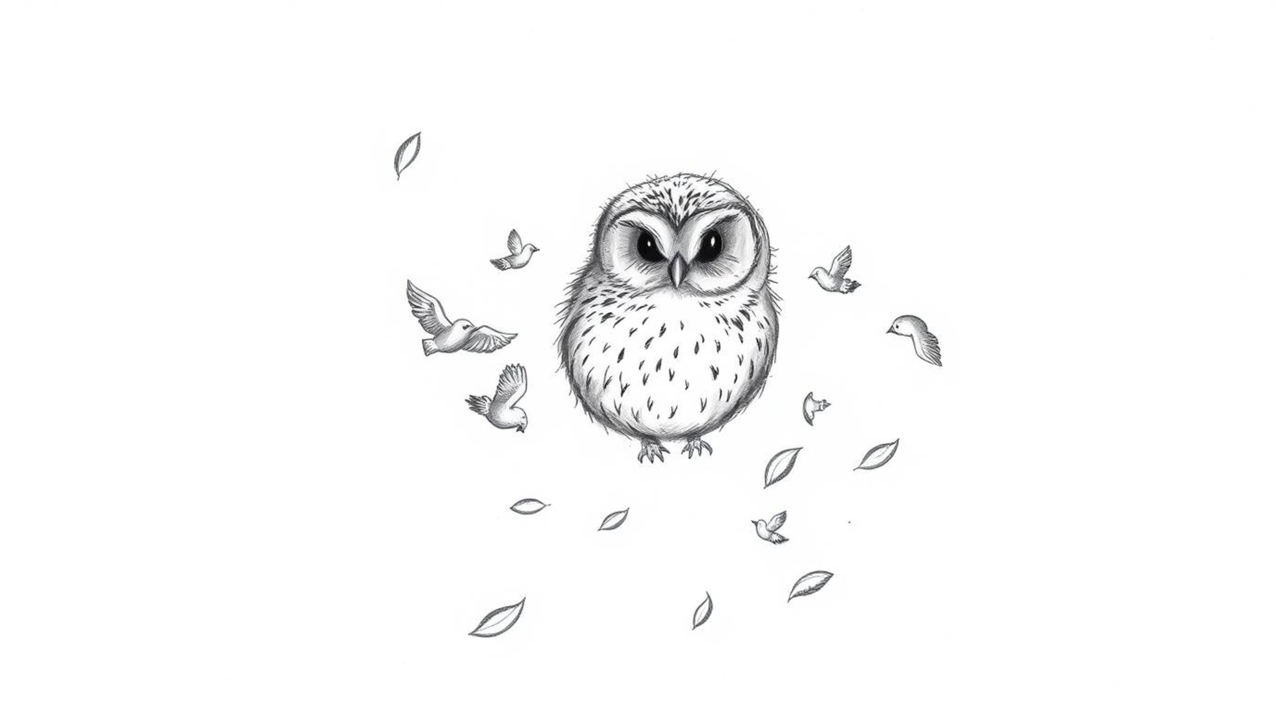 A charming hand-drawn sketch depicts a blind owl, round and fluffy, gently spiraling downwards amidst falling leaves and seve