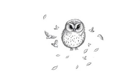 A charming hand-drawn sketch depicts a blind owl, round and fluffy, gently spiraling downwards amidst falling leaves and seve