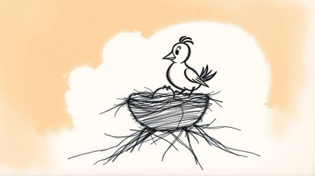 A charming hand-drawn pencil sketch depicts two cartoon birds diligently building a nest in a classic animation style. The si