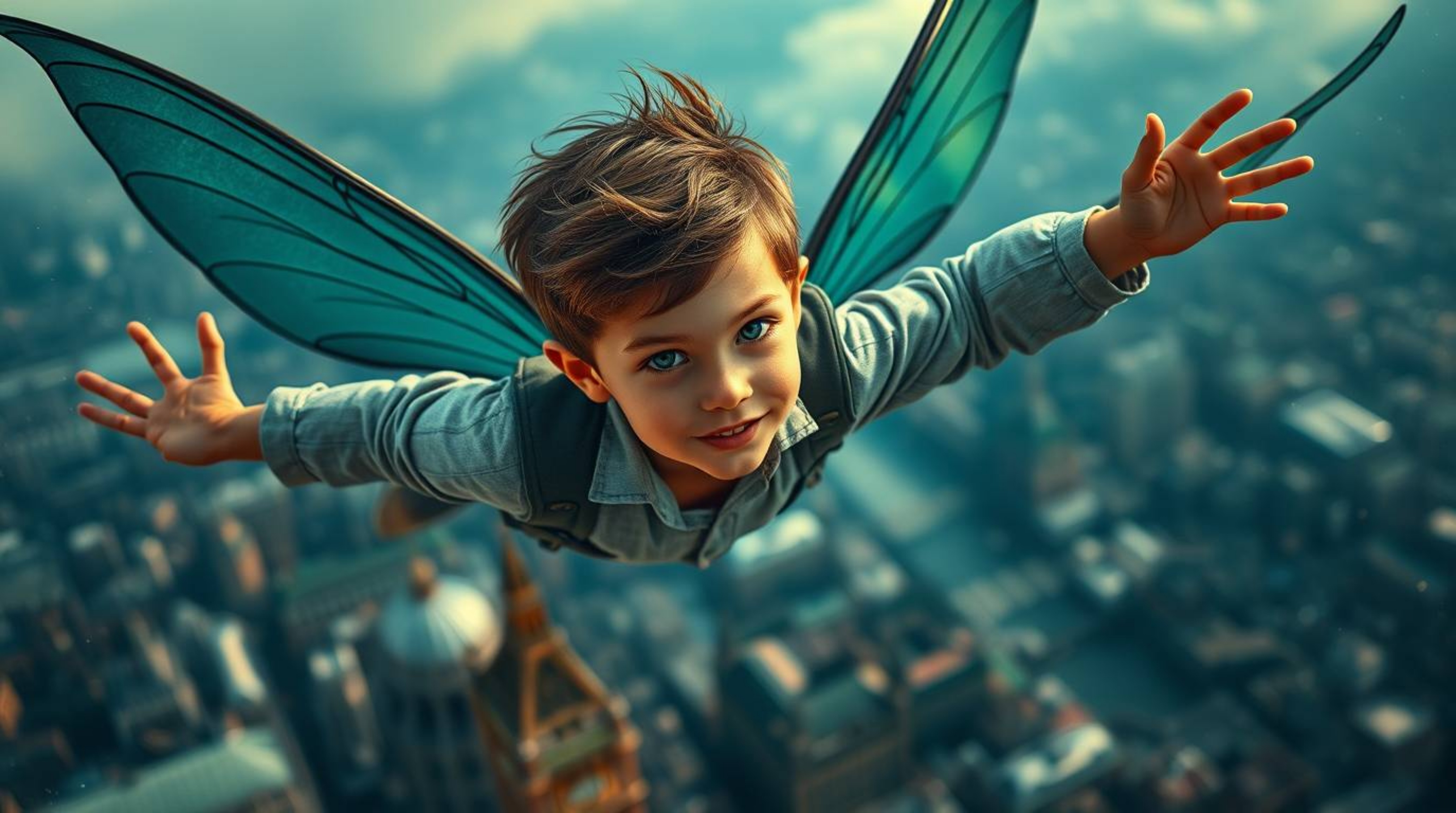 A young boy with refined features gracefully soars above the London skyline, enveloped in a vibrant atmosphere of deep teal h