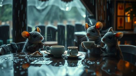 Immerse yourself in a dramatic, cinematic scene with this high-resolution stock photo depicting anthropomorphic mice enjoying