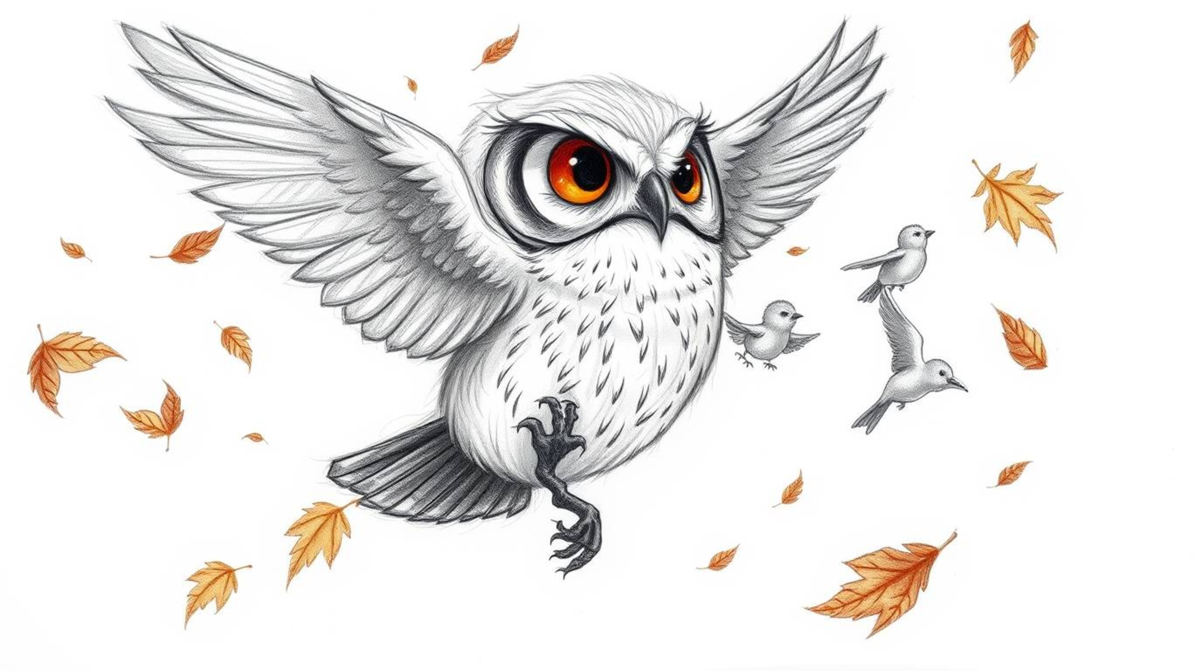 A heart-warming, hand-drawn sketch in the style of Pixar depicts a blind owl with incredibly soft feathers, gently guiding a 