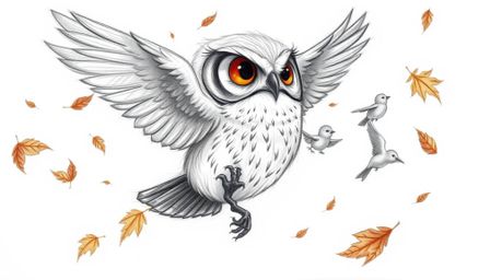 A heart-warming, hand-drawn sketch in the style of Pixar depicts a blind owl with incredibly soft feathers, gently guiding a 