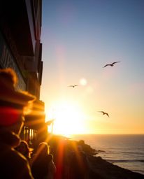 This is a candid street photography shot that captures a spontaneous moment in an urban scene, juxtaposed with a stunning sun